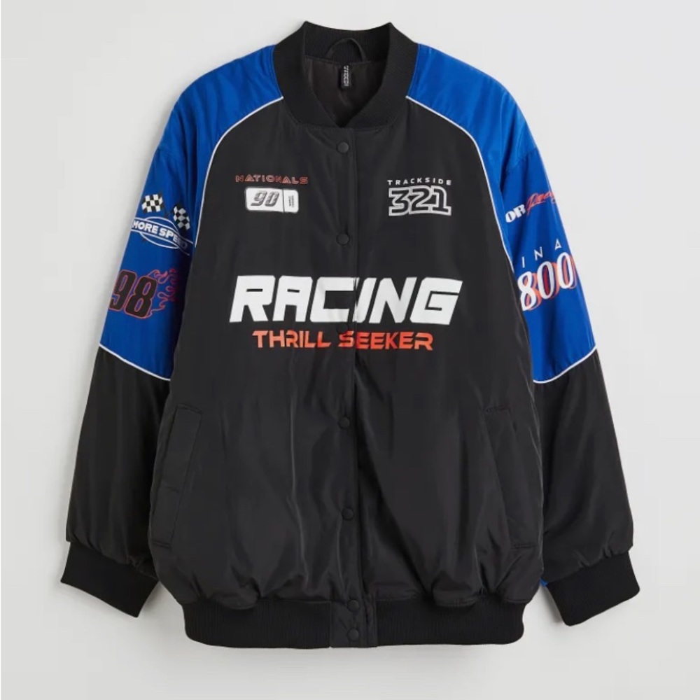 Oversized printed bomber racer jacket black and blue